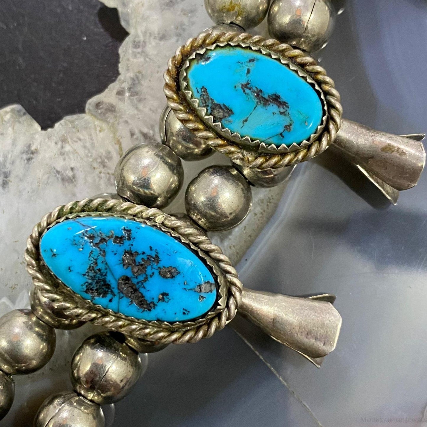 Vintage Native American Silver Oval Kingman Turquoise Squash Blossom Necklace