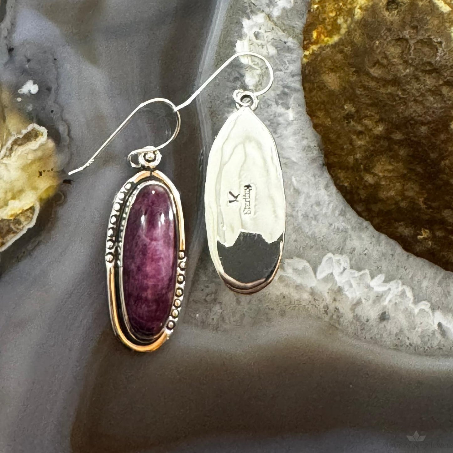Native American Sterling Silver Oval Purple Spiny Oyster Dangle Earrings For Women