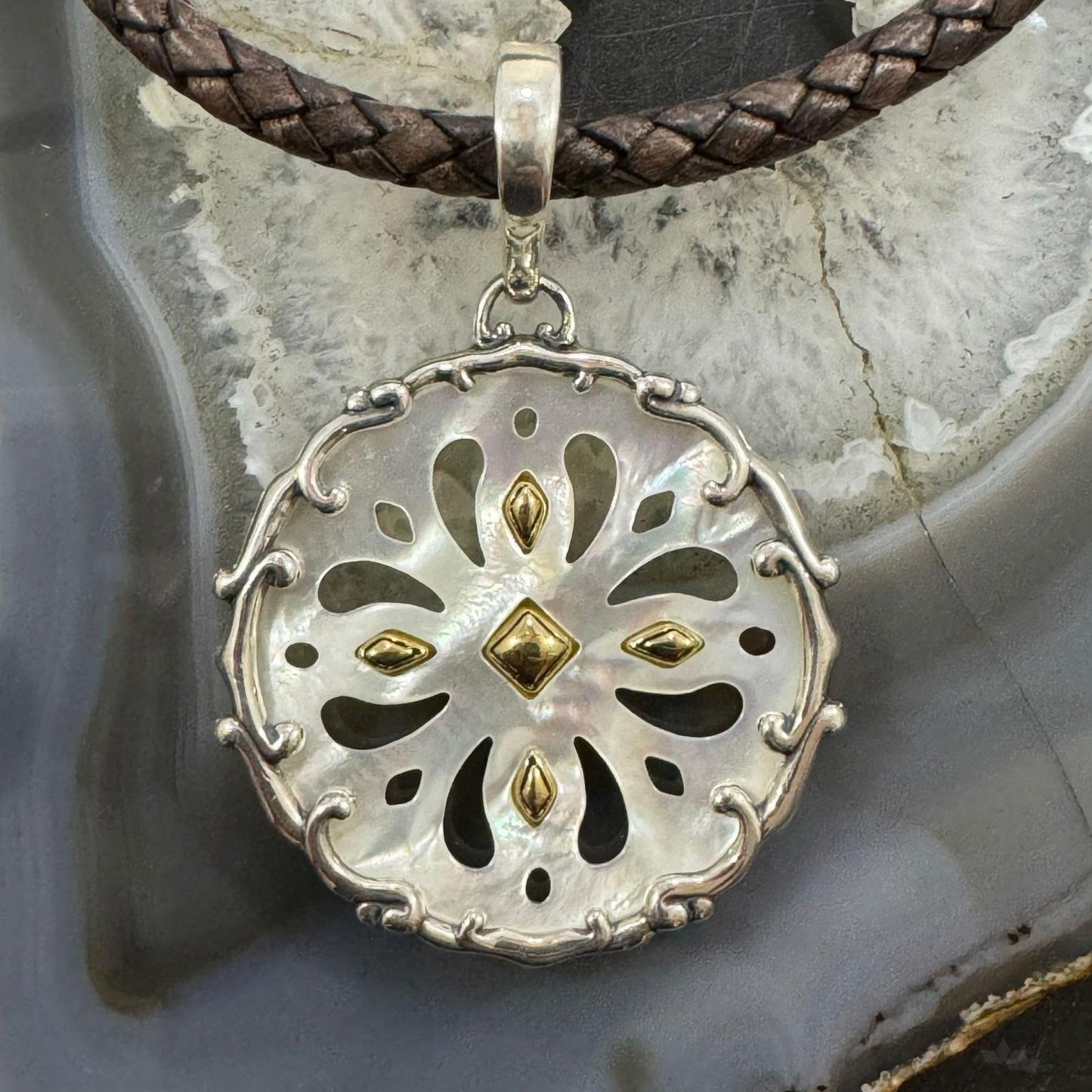 Carolyn Pollack Sterling Silver & Brass Mother of Pearl Floral Cutout Enhancer Pendant For Women