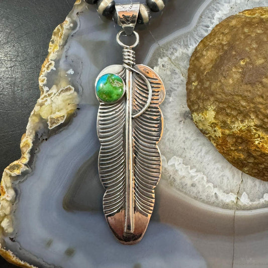Native American Sterling Silver Round Sonoran Gold Turquoise Feather Unisex Pendant