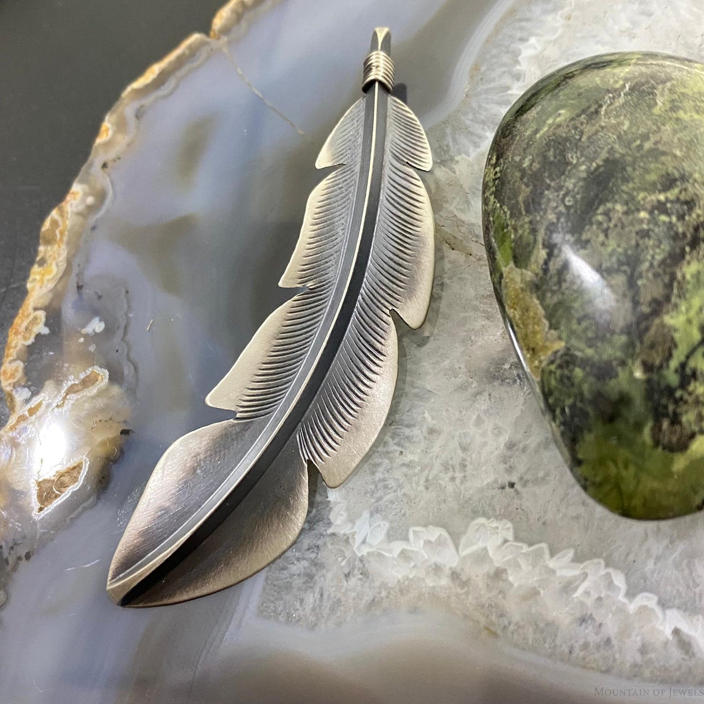 Billy Long Native American Sterling Silver Oxidized Feather Unisex Pendant Necklace