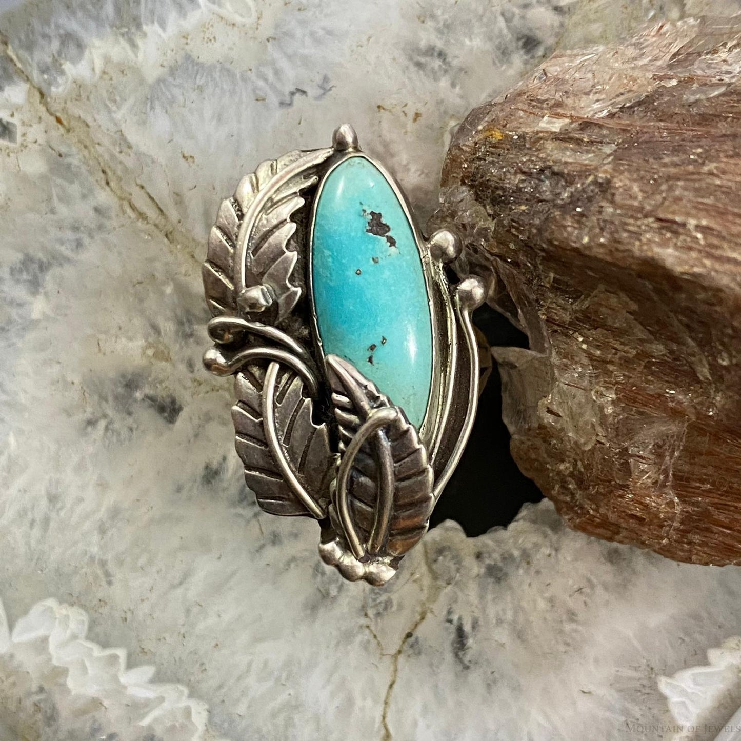 Vintage Native American Sterling Elongated Turquoise Decorated Ring Size 7 For Women