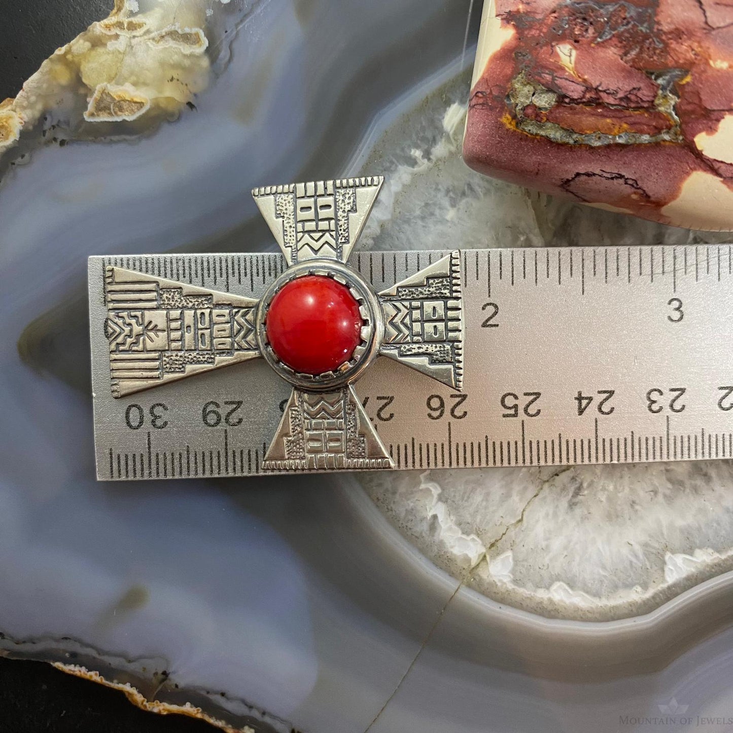 Roderick Tenorio and  Carolyn Pollack Southwestern Style Sterling Silver Red Jasper Decorated Cross Pendant For Women