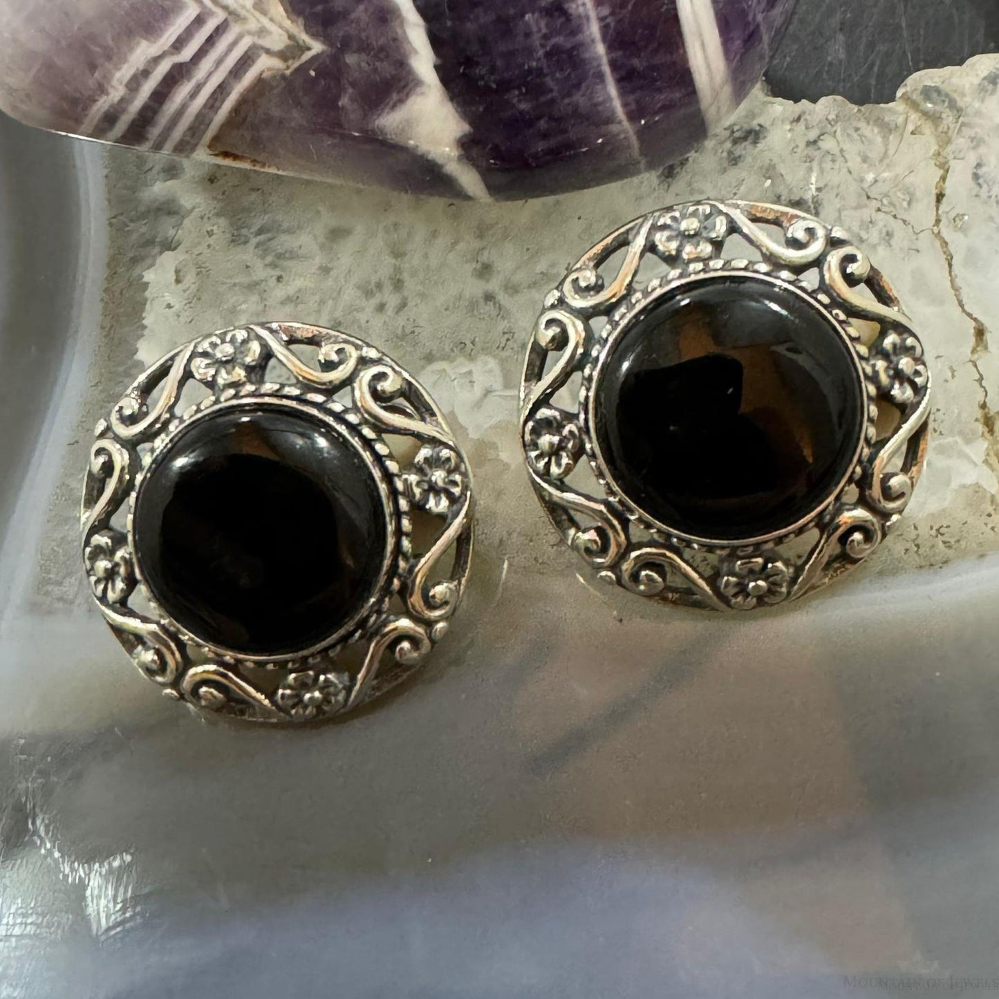 Carolyn Pollack Sterling Silver Round Onyx Decorated Clip-On Earrings For Women