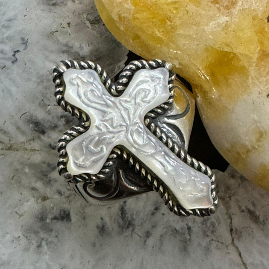 Carolyn Pollack Sterling Silver Carved Mother of Pearl Decorated Cross Ring For Women