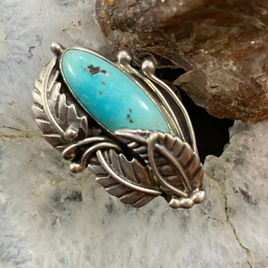 Vintage Native American Sterling Elongated Turquoise Decorated Ring Size 7 For Women