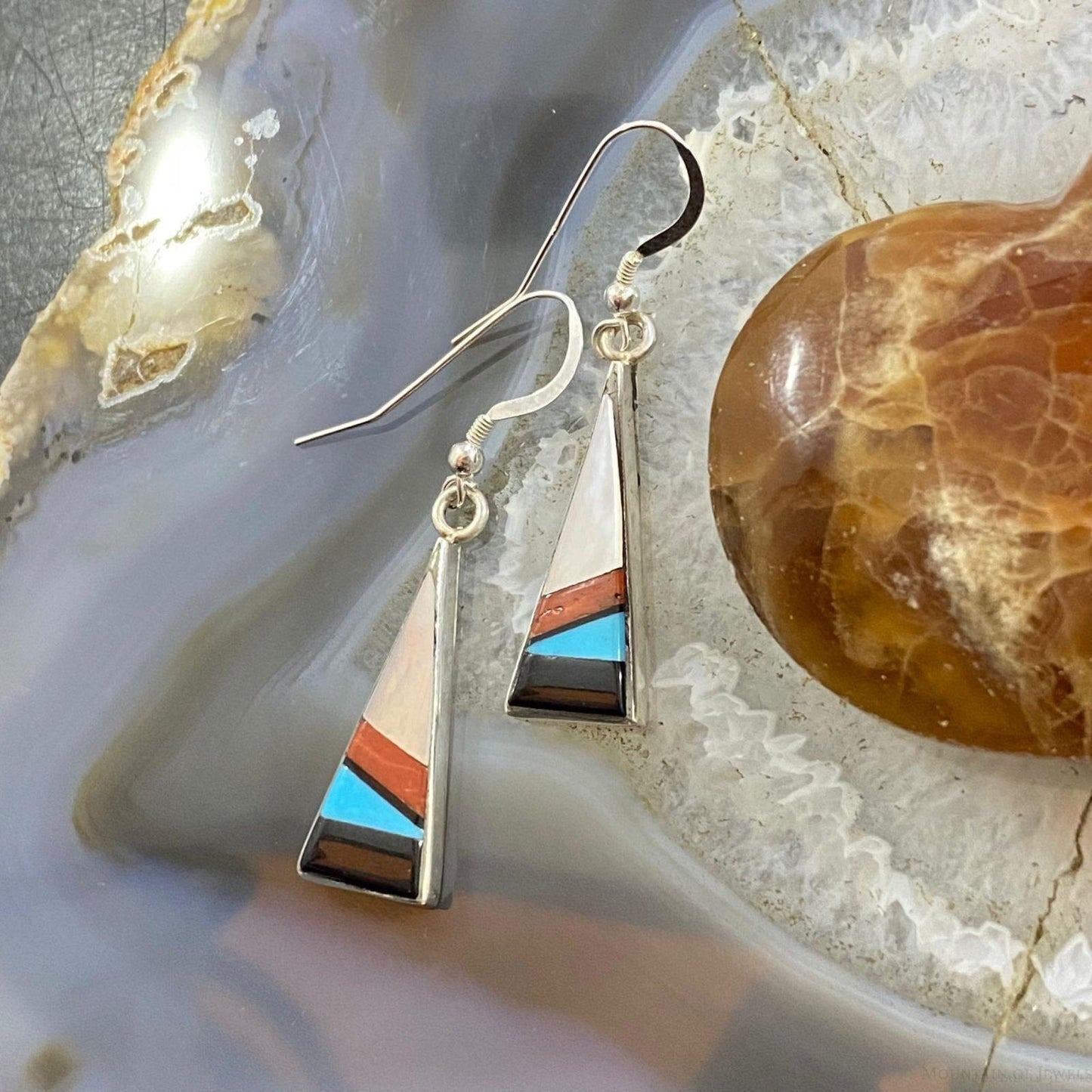 Sheryl Edaakie Zuni Native American Sterling Silver Triangle Inlay Dangle Earrings For Women