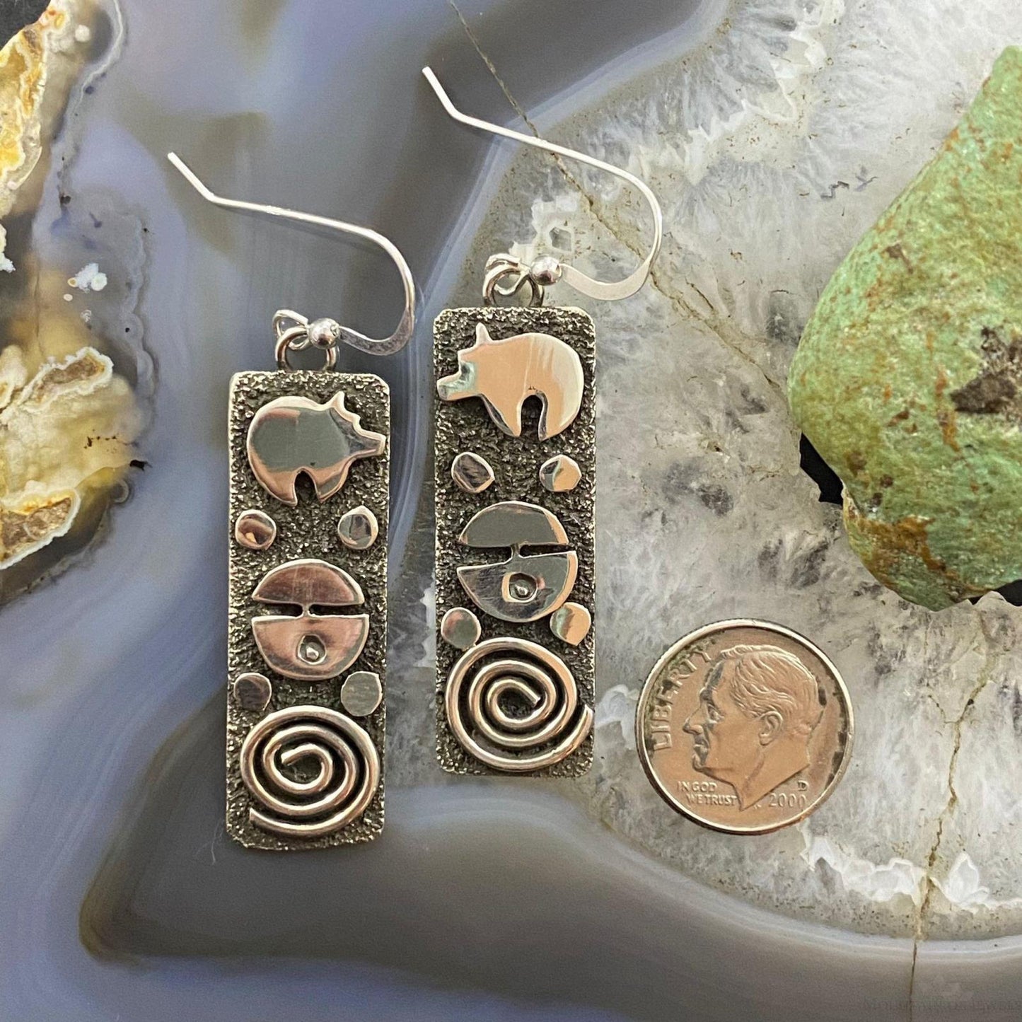 Alex Sanchez Native American Sterling Silver Rectangle Petroglyph Dangle Earrings For Women #5
