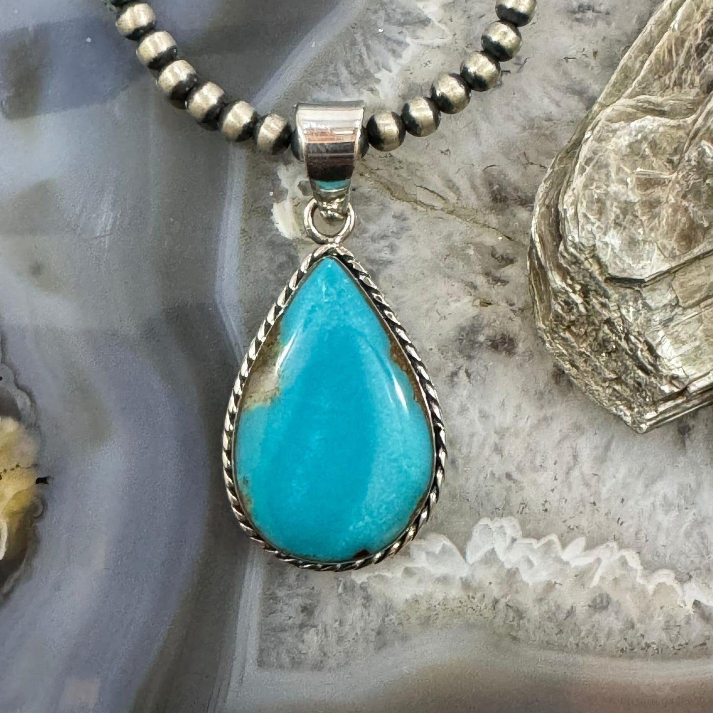 Native American Sterling Silver Teardrop Blue Turquoise Decorated Unisex Pendant