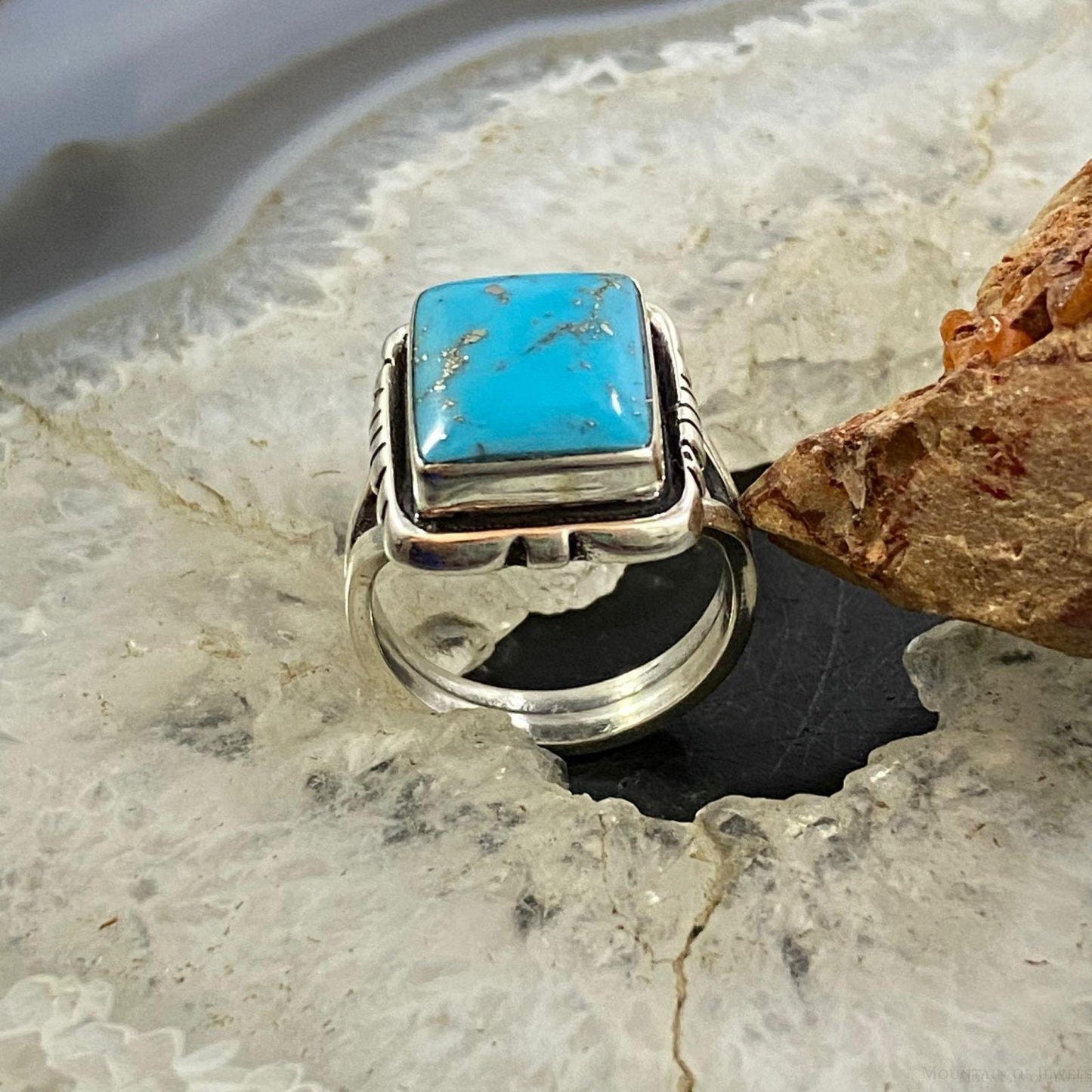 Native American Sterling Silver Rectangle Blue Ridge Turquoise Mini Bar Ring Size 6.5 For Women #2