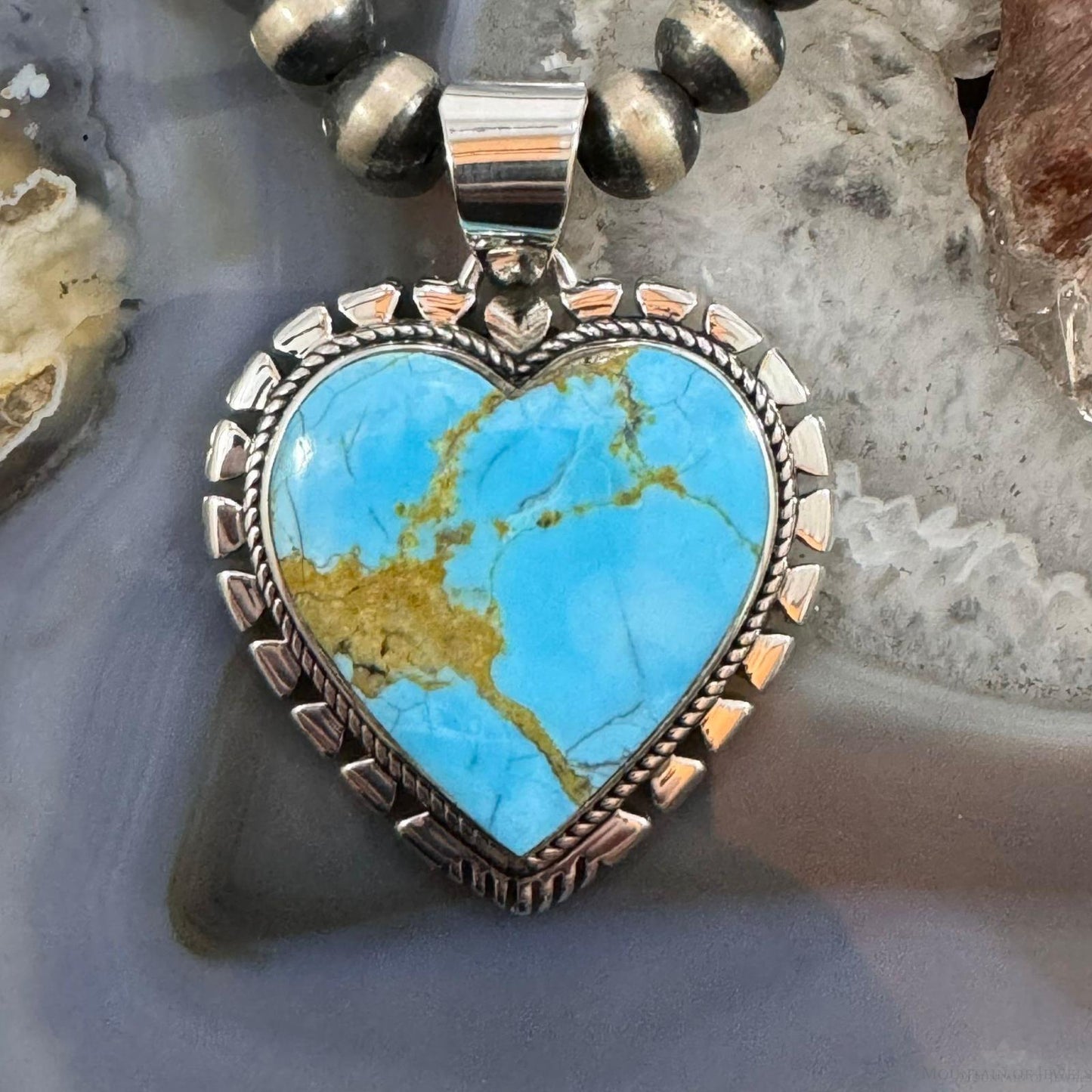 Native American Sterling Silver  Large Blue Ridge Turquoise Heart Pendant For Women #1