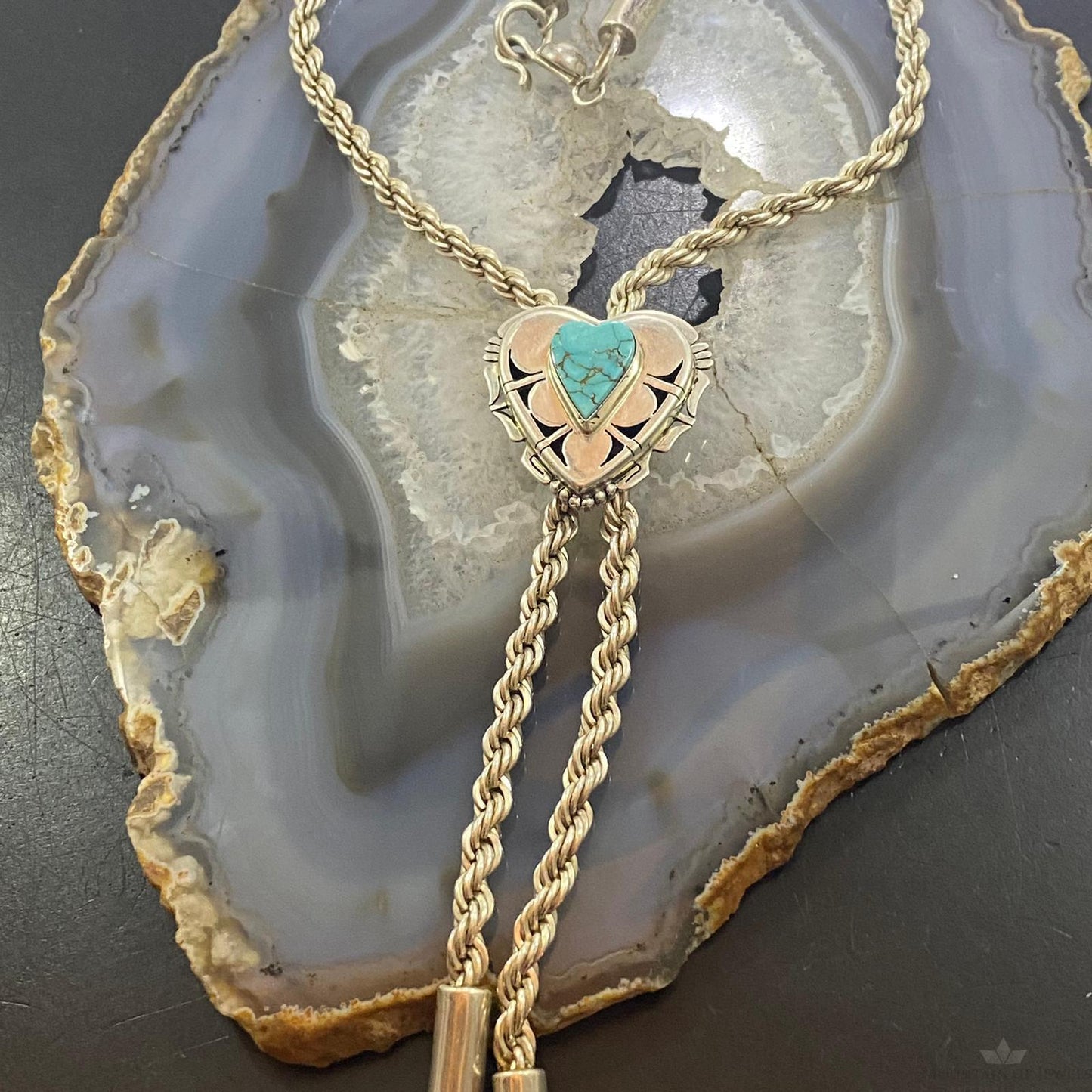 Vintage Native American Silver Turquoise Heart Lariat 26" Necklace For Women