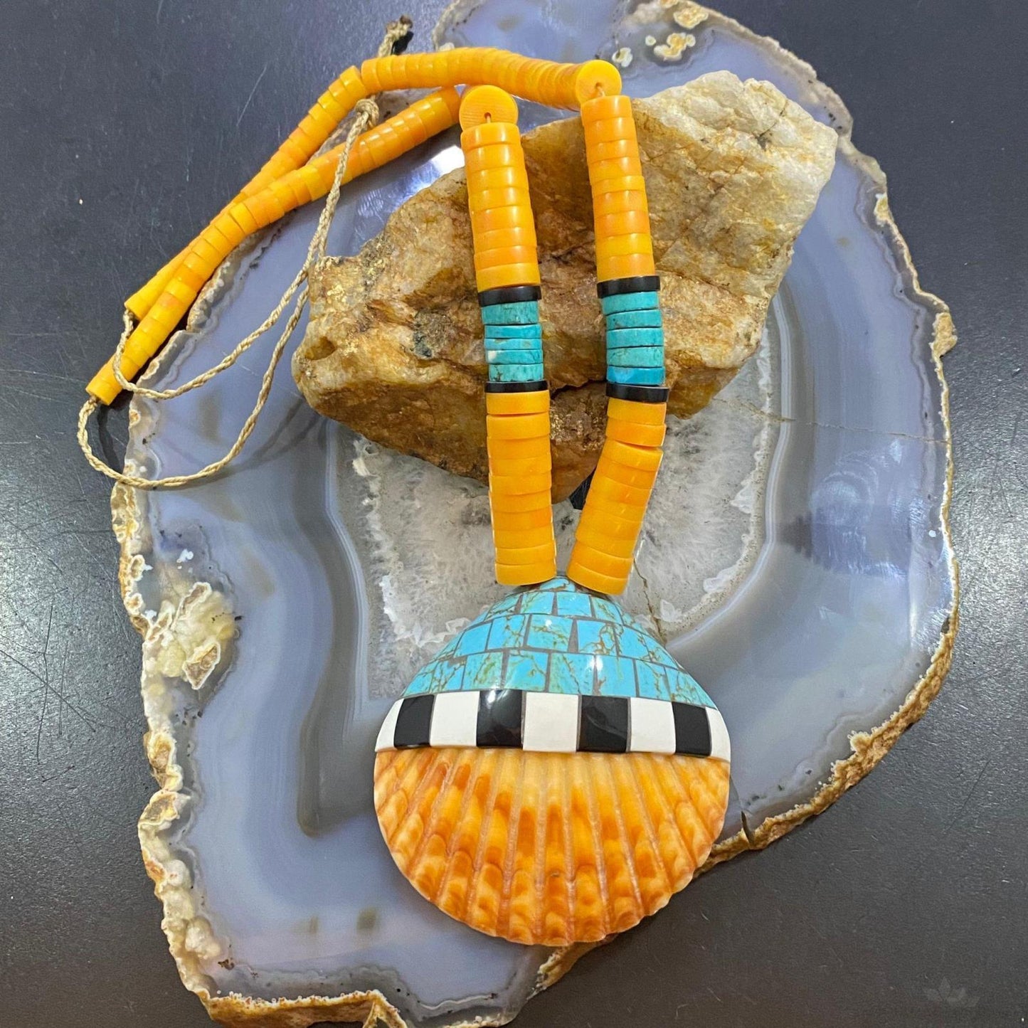 Vintage Santo Domingo Kewa Pueblo Heishi & Multi Gemstone Inlay Necklace For Women