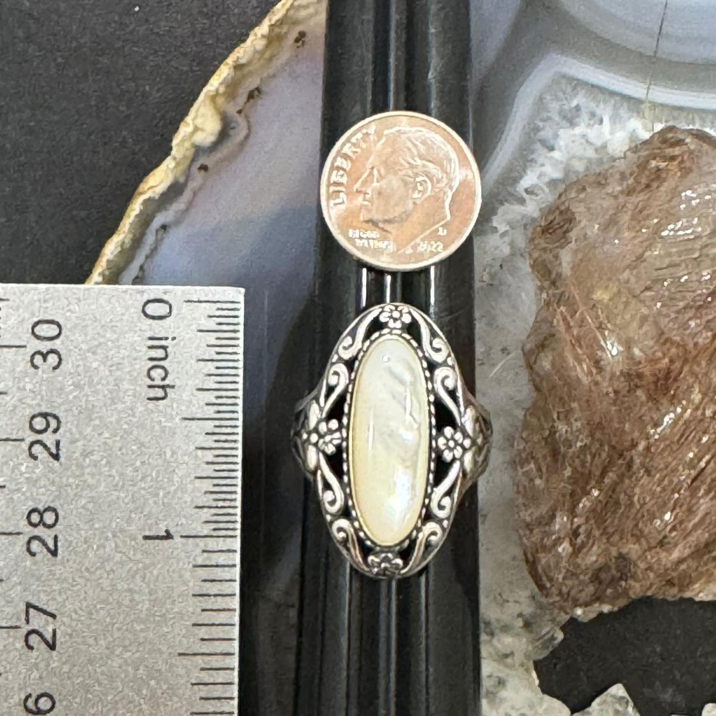 Carolyn Pollack Sterling Silver Elongated Oval Mother of Pearl Decorated Ring For Women