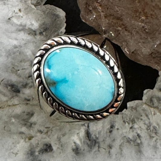 Native American Sterling Silver Oval Blue Ridge Turquoise Shield Ring Size 8.75 For Women