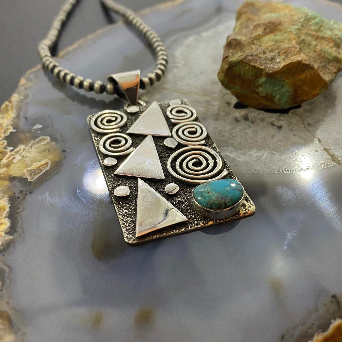 Alex Sanchez Native American Sterling Silver Turquoise Rectangle Unisex Petroglyph Pendant