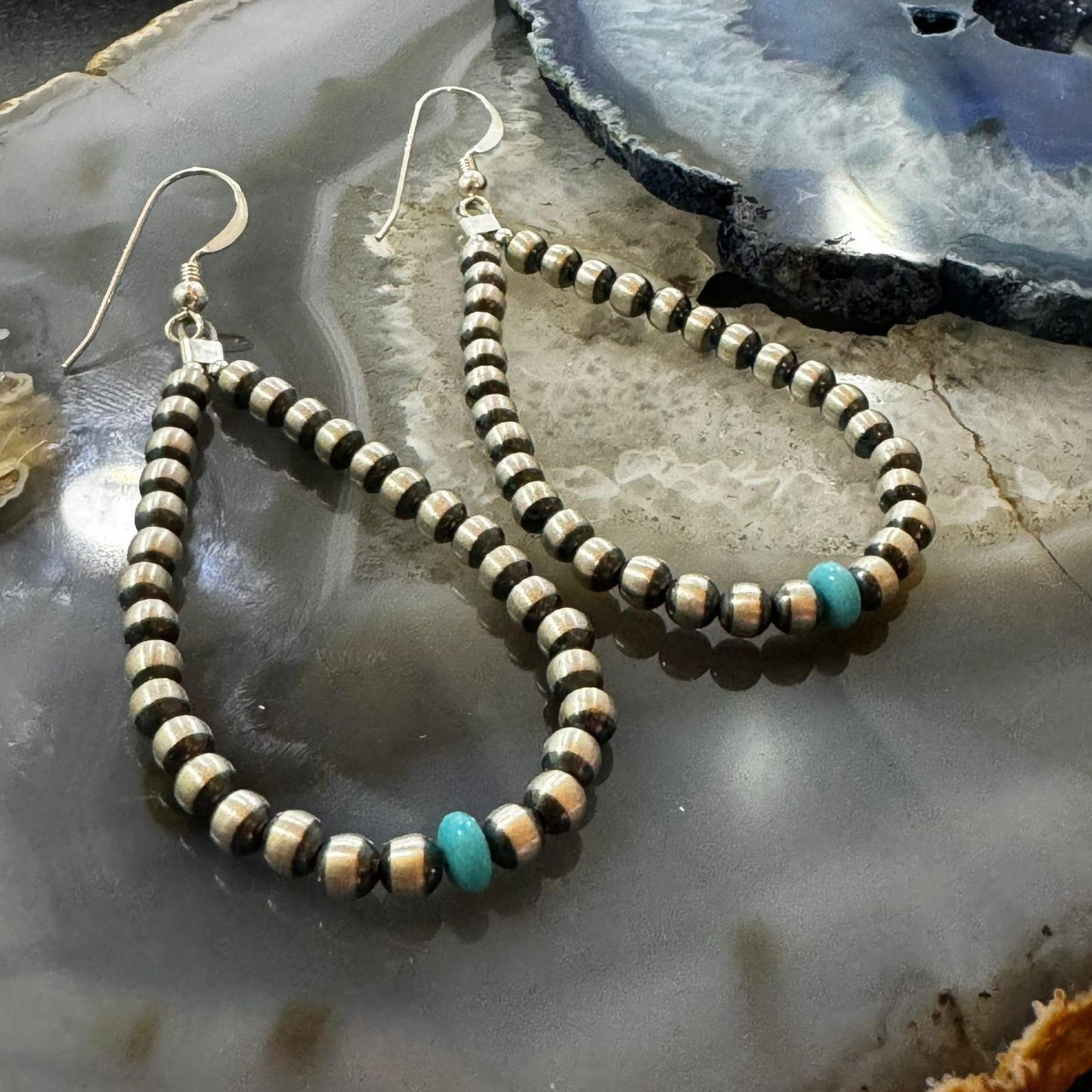 Navajo Pearl Beads 3mm & Turquoise Bead 5 mm Sterling Silver Dangle Earrings For Women