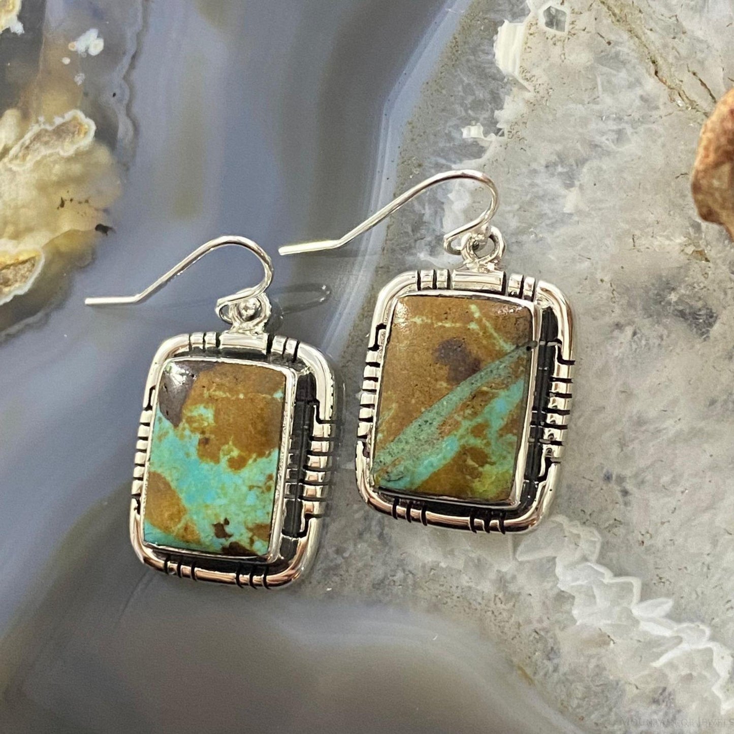 Native American Sterling Silver Boulder Ribbon Turquoise Bar Dangle Earrings For Women