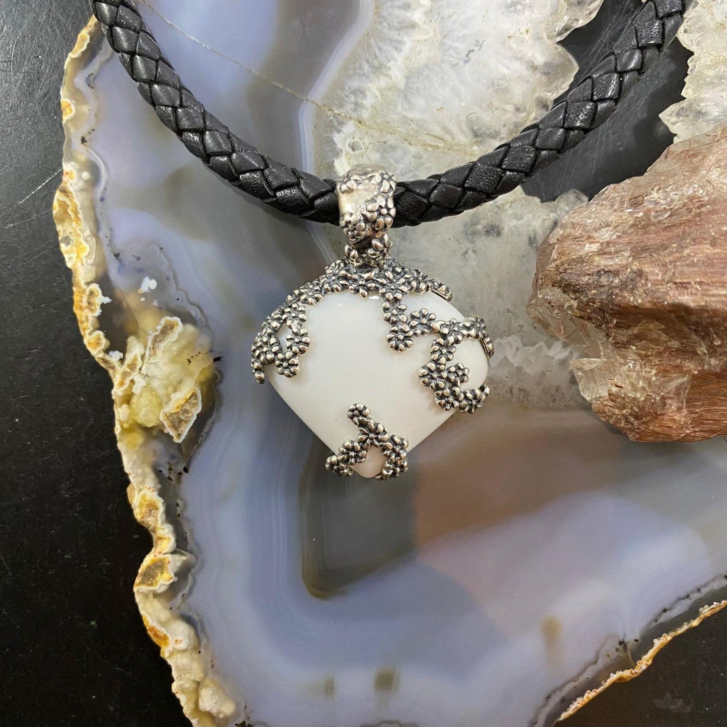 Carolyn Pollack Southwestern Style Sterling Silver White Agate Floral Enhancer Pendant For Women