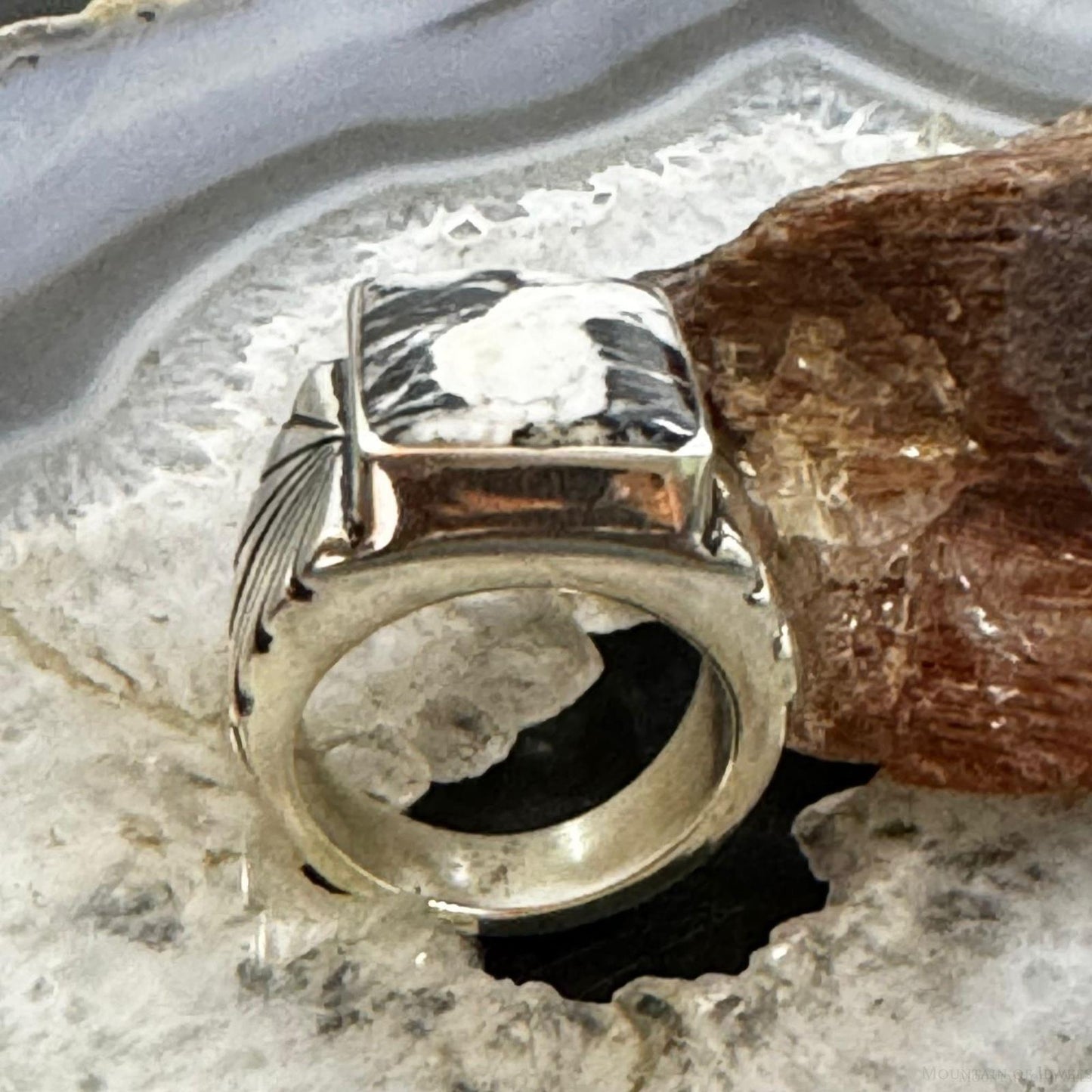 Native American Sterling Silver Rectangle White Buffalo Bar Shield Ring Size 11.5 For Men