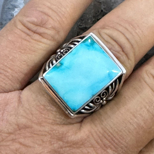 Native American Sterling Silver Rectangle Blue Ridge Turquoise Shield  Ring Size 12.5 For Men