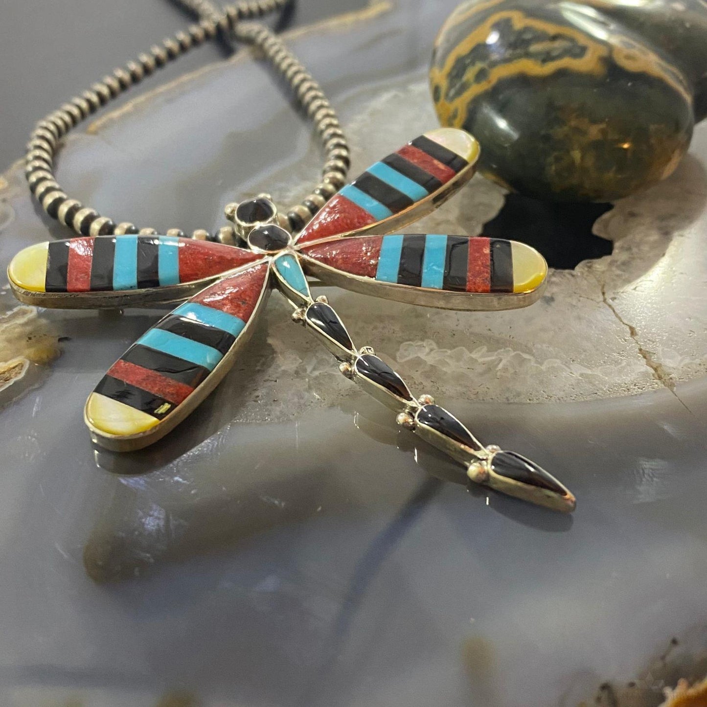 Angus Ahiyite Native American Zuni Sterling Silver Multi Stone Inlay Dragonfly Brooch/Pendant #2