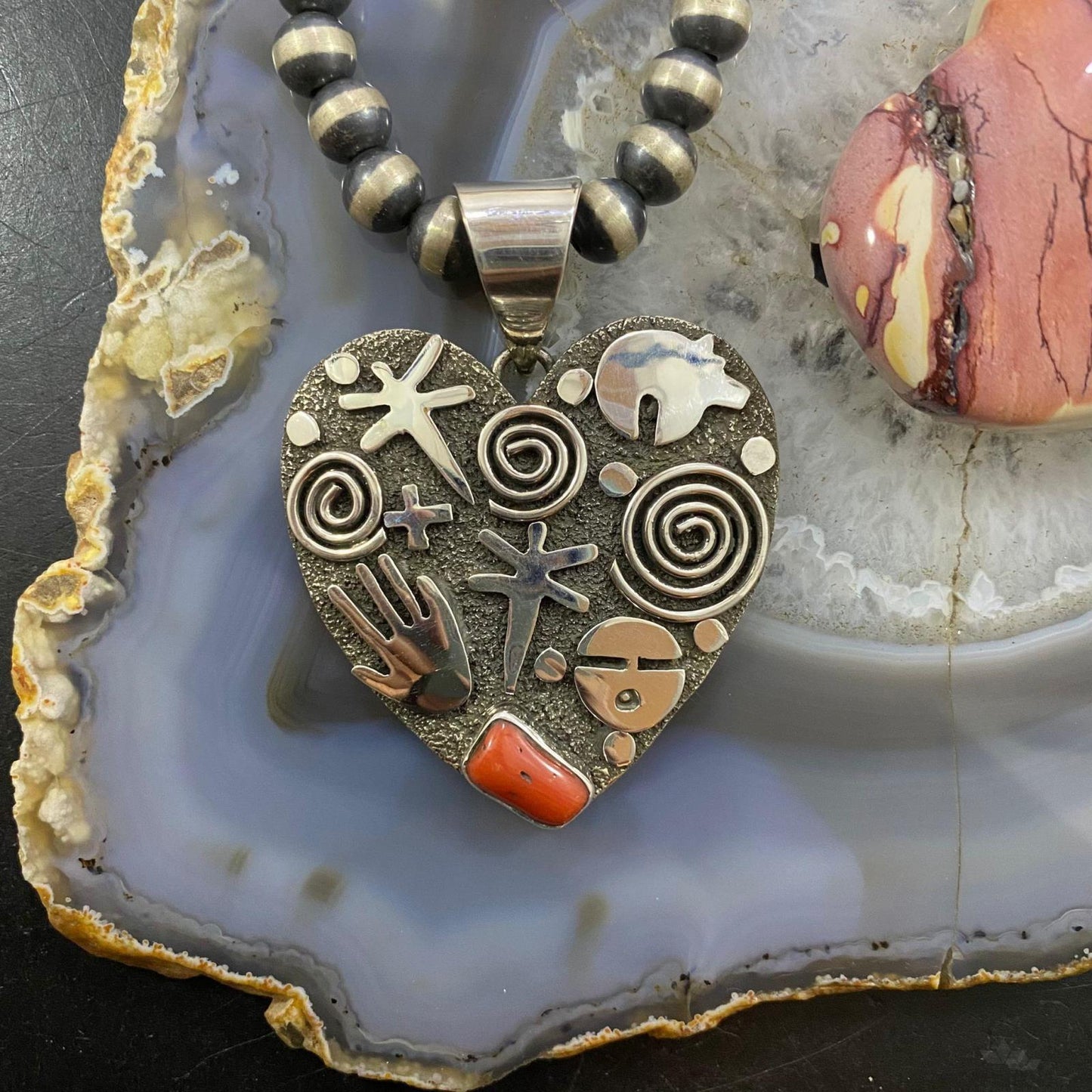 Alex Sanchez Native American Sterling Silver Coral Large Petroglyph Heart Pendant For Women