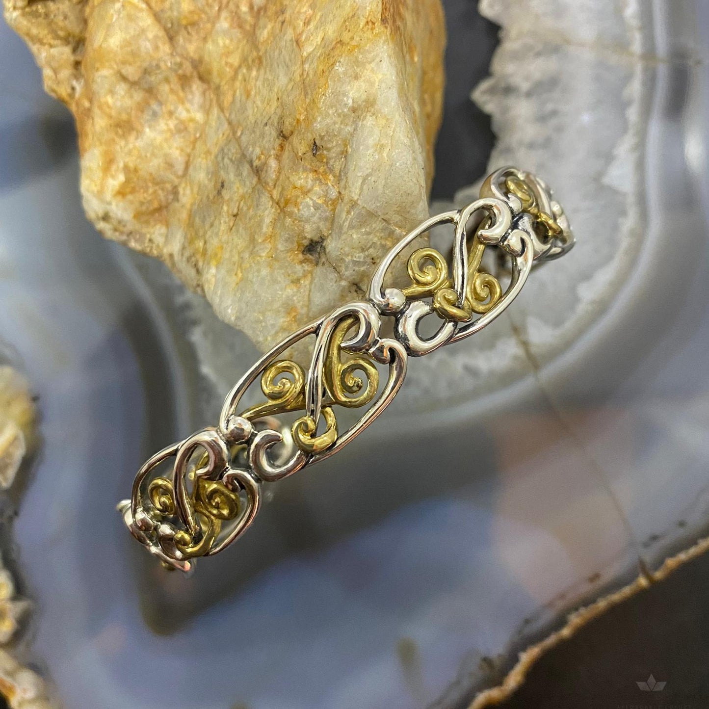 Carolyn Pollack Vintage Sterling Silver & Brass Scroll Work Bracelet For Women