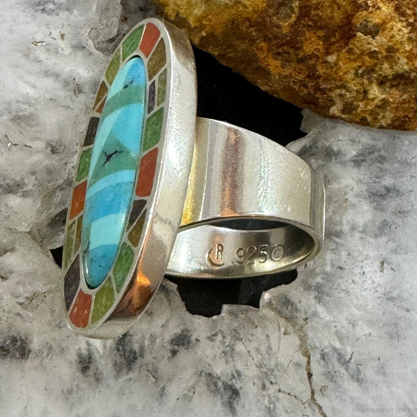 Carolyn Pollack Sterling Silver Oval Multi Gemstone Inlay Ring Size 6.5 For Women