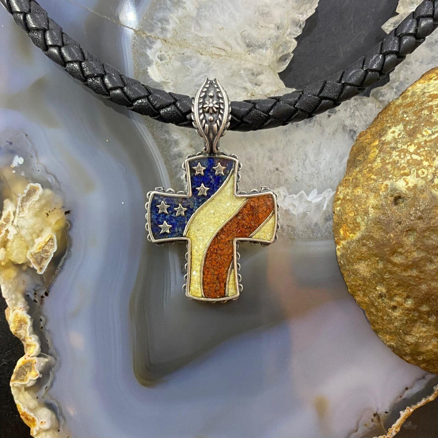 Carolyn Pollack Southwestern Style Sterling Silver Lapis, Mother of Pearl & Coral Flag Cross Pendant For Women