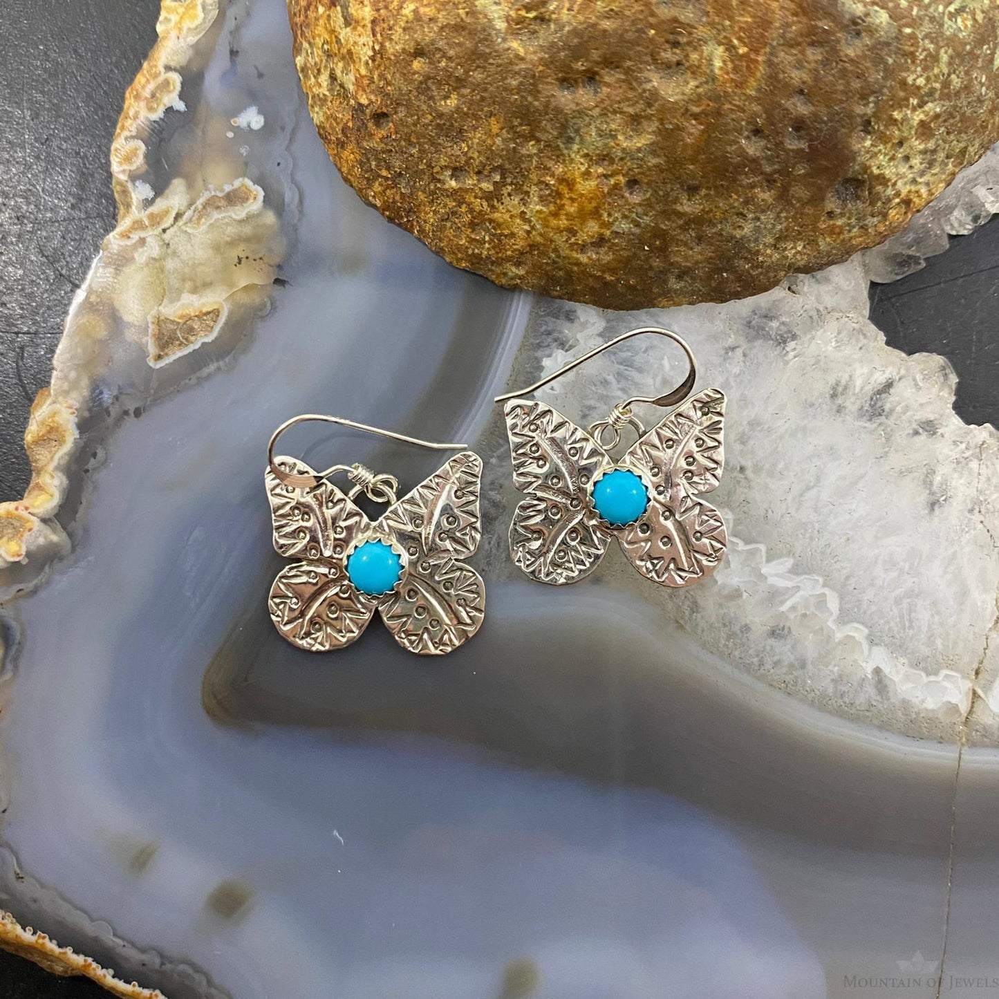 Brad Panteah Native American Silver Stamped Butterfly Turquoise Dangle Earrings For Women