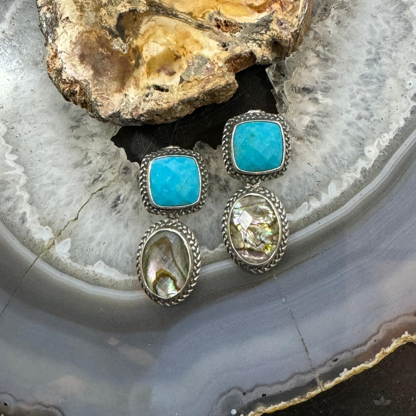 Carolyn Pollack Sterling Silver Square Turquoise & Oval Abalone/Quartz Post Earrings For Women