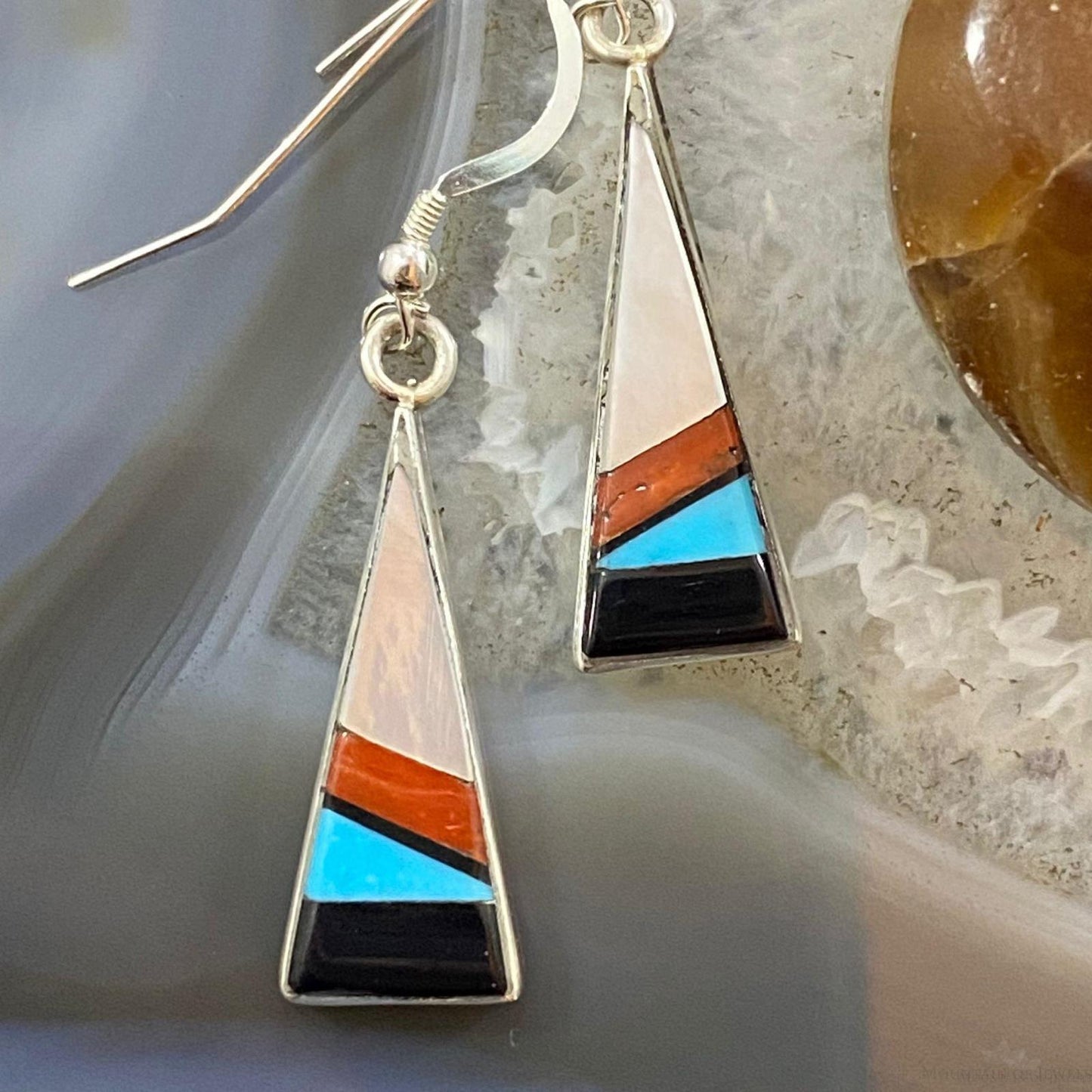 Sheryl Edaakie Zuni Native American Sterling Silver Triangle Inlay Dangle Earrings For Women