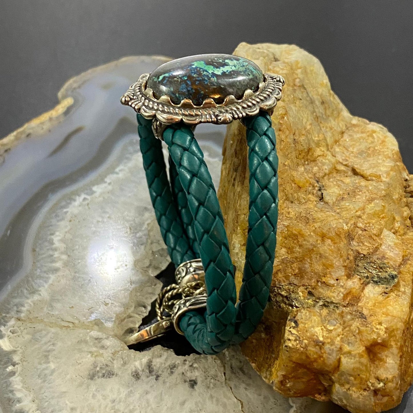 Carolyn Pollack Sterling SilverChrysocolla Teal Braided Leather Bracelet For Women