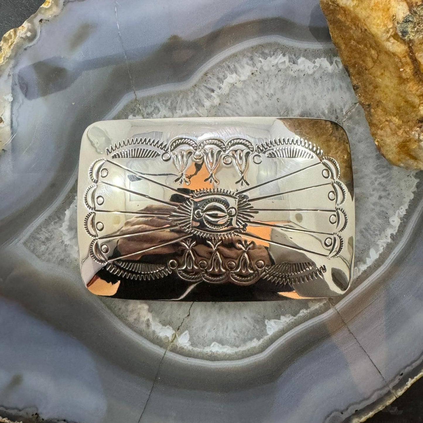 Native American Sterling Silver Stamped Unisex Western Rectangle Belt Buckle