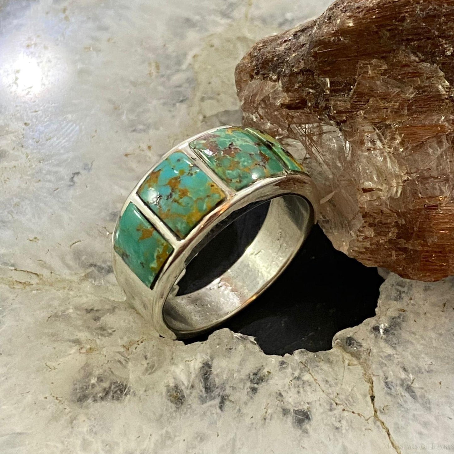 Native American Sterling Silver Graduated Turquoise w/Matrix Inlay Band Ring Size 9 For Women