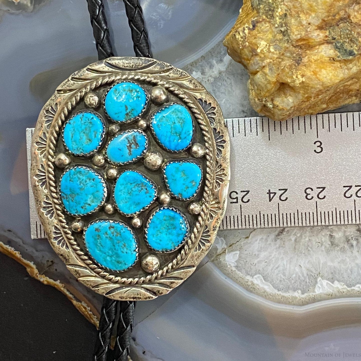 Vintage Signed Native American Sterling Silver Kingman Turquoise Cluster Bolo Tie