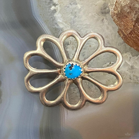 R. Wilson Vintage Sterling Silver Round Turquoise Sandcast Flower Brooch For Women #1