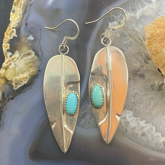 Signed Native American Sterling Silver Leaf Turquoise Dangle Earrings For Women