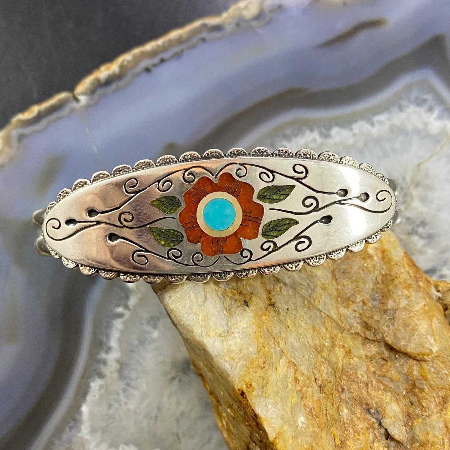 RN Laconsello and Carolyn Pollack Southwestern Style Sterling Silver Inlay Flower Bracelet For Women