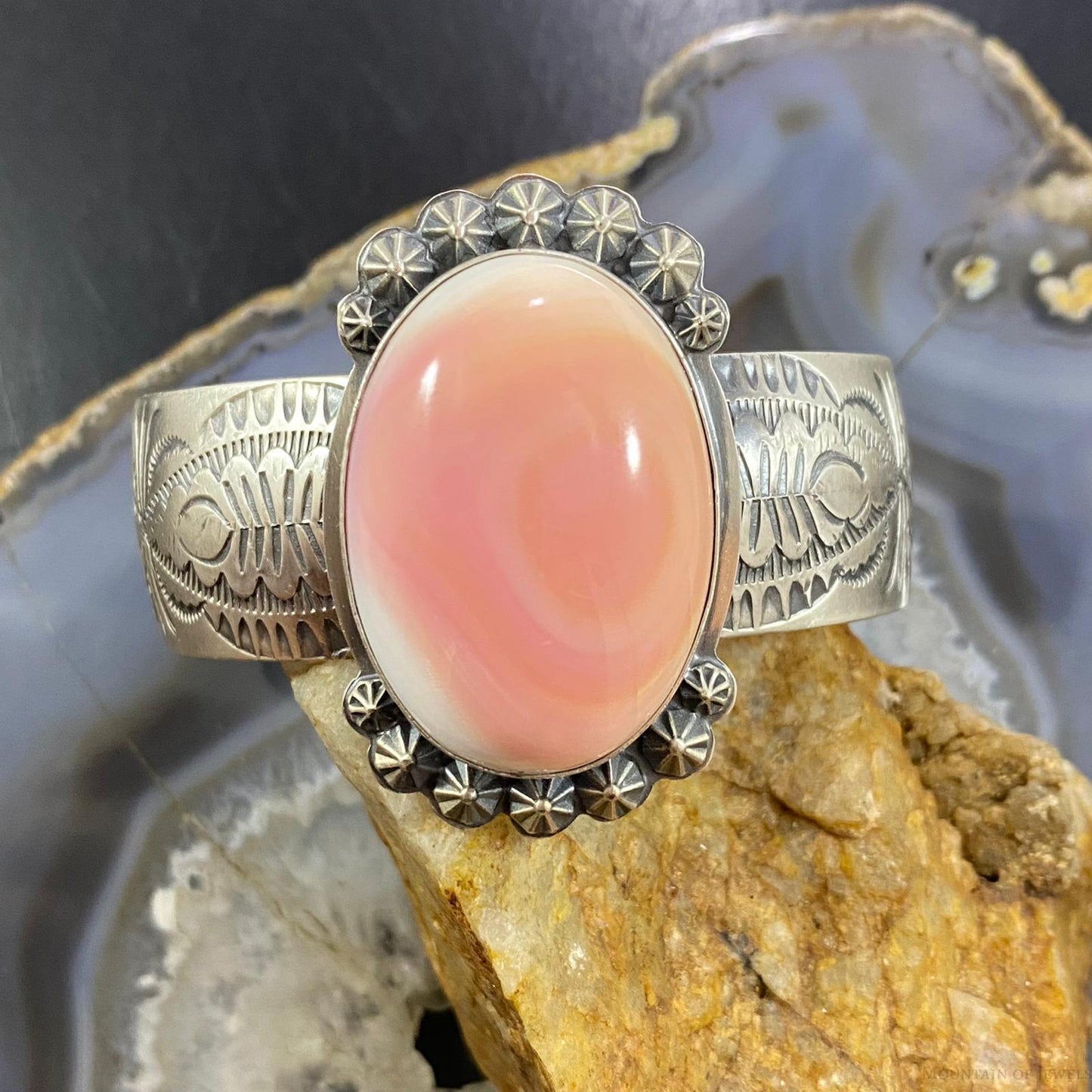 Boyd J. Ashley Native American Sterling Silver Oval Pink Conch Shell Stamped Bracelet For Women #2