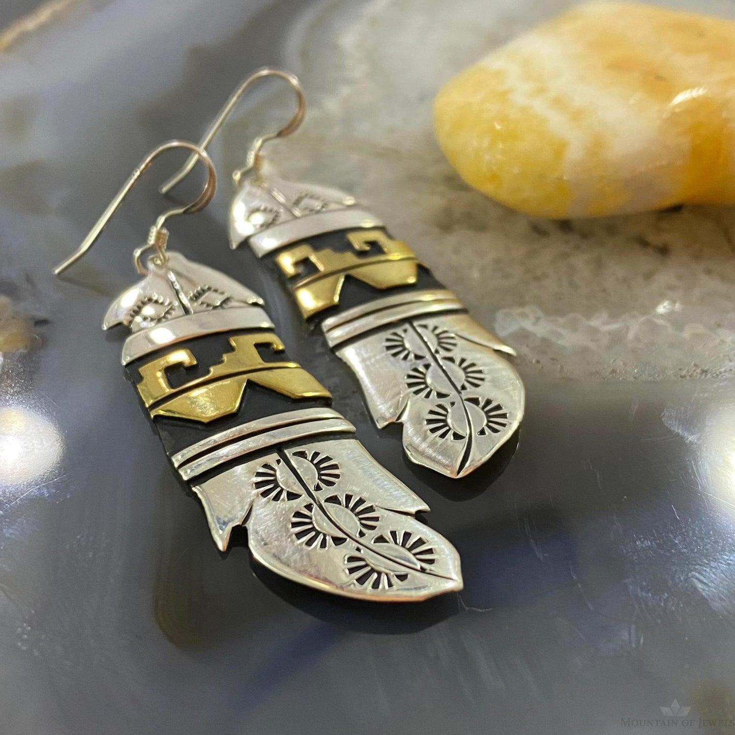 Tommy & Rosita Singer Native American Sterling Silver & Gold Filled Overlay Feather Dangle Earrings For Women #3