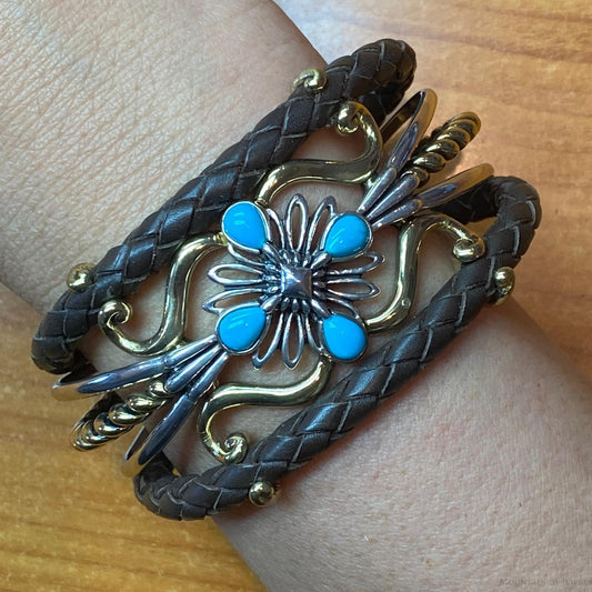 Carolyn Pollack Sterling Silver & Brass 4 Turquoise Dk Brown Leather Decorated Bracelet