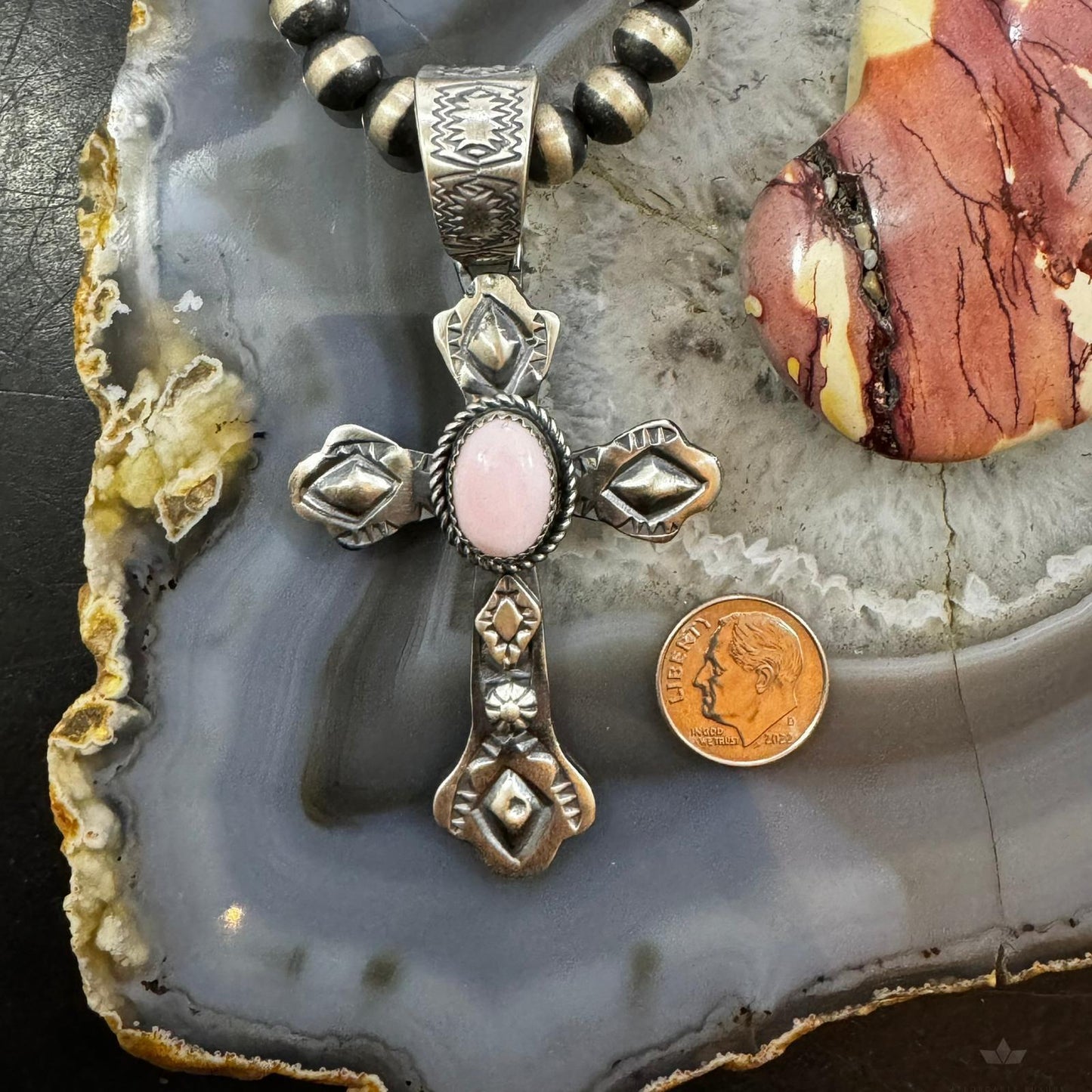 Richard Yazzie Native American Sterling Silver Pink Conch Shell Decorated Unisex Cross Pendant #1