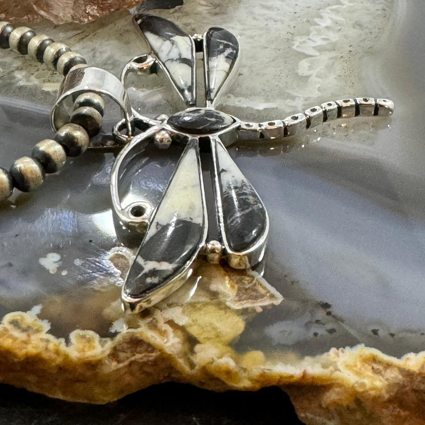 Native American Sterling Silver White Buffalo Inlay Unisex Dragonfly Pendant