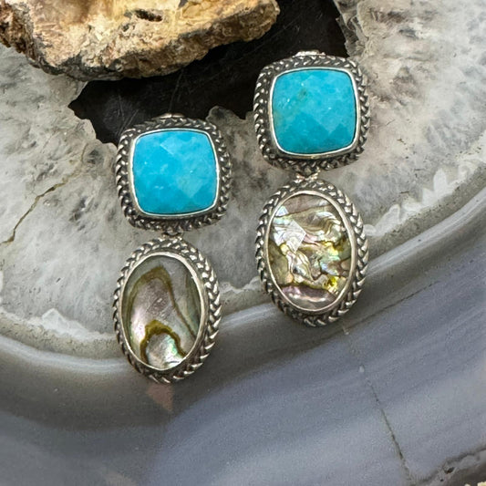 Carolyn Pollack Sterling Silver Square Turquoise & Oval Abalone/Quartz Post Earrings For Women