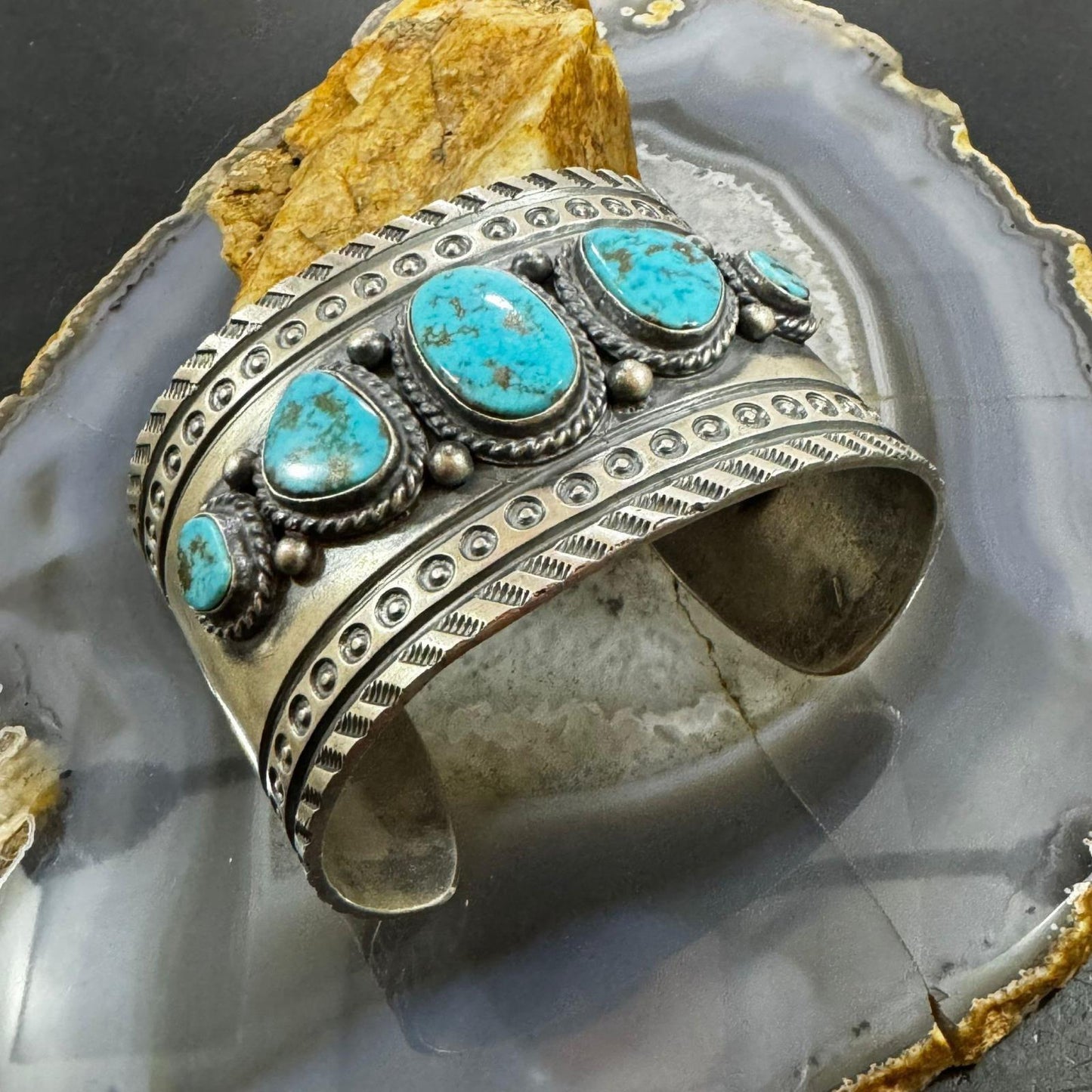 Sterling Silver Native American Turquoise Wide and Heavy Stamped Unisex Bracelet