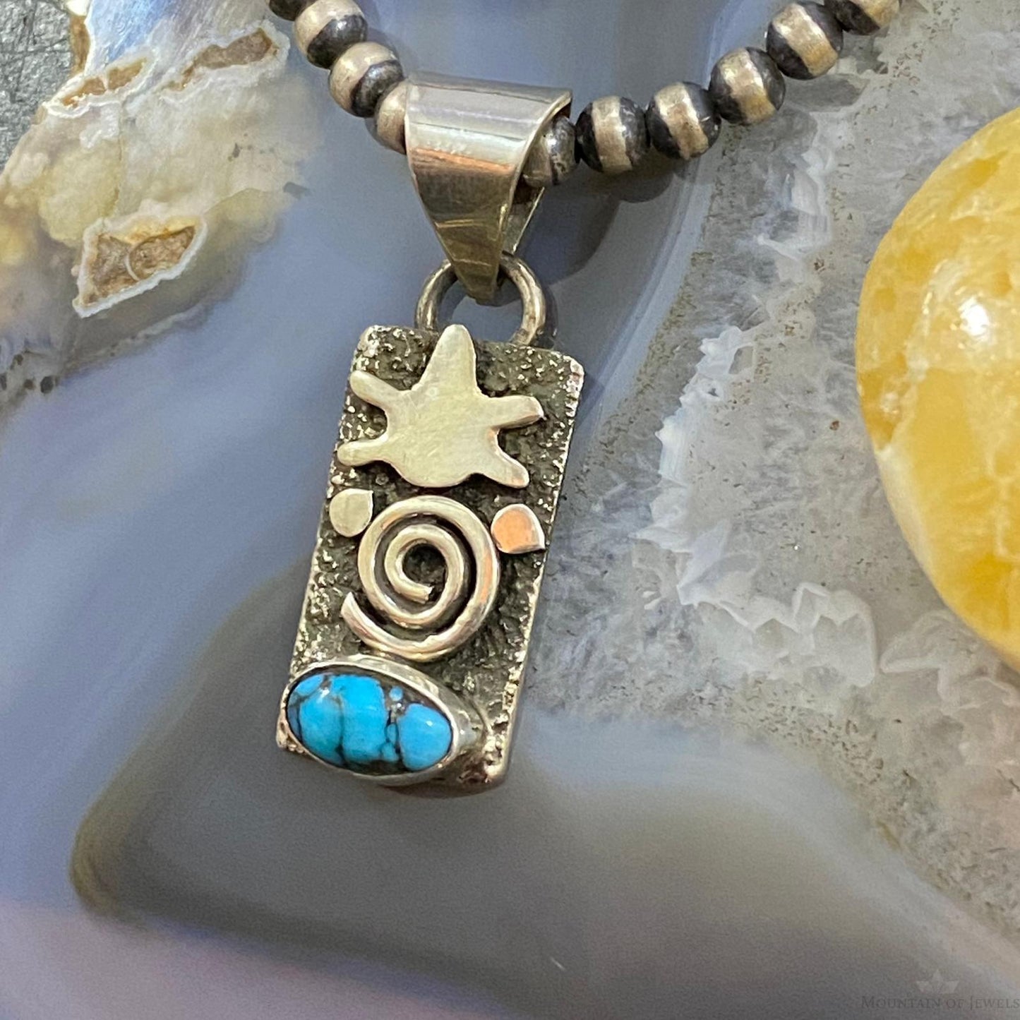 Alex Sanchez Native American Sterling Silver Petroglyph Turquoise Dainty Pendant #2