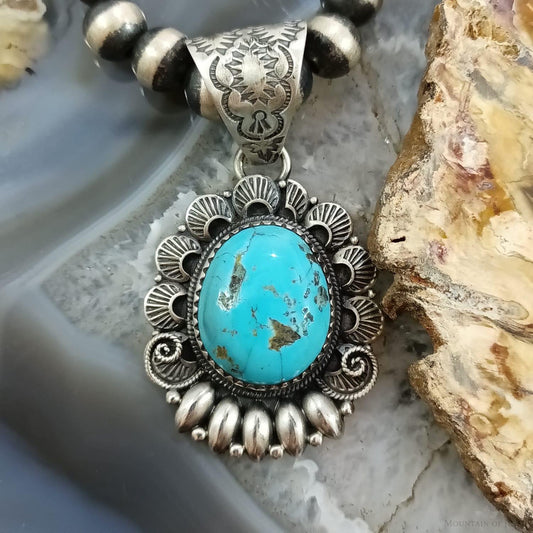 Native American Sterling Silver Oval Turquoise Decorated Pendant For Women