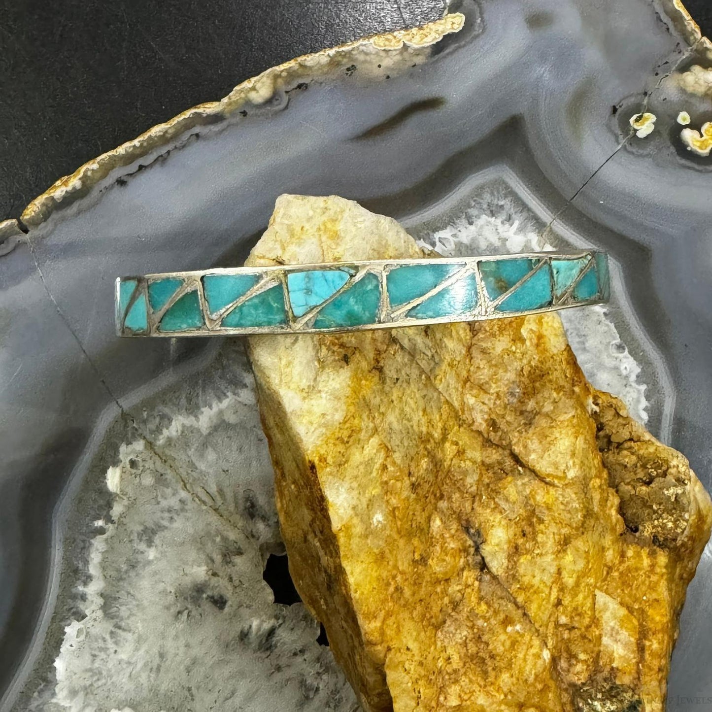Vintage Native American Sterling Silver Turquoise Geometric Inlay Bracelet For Women